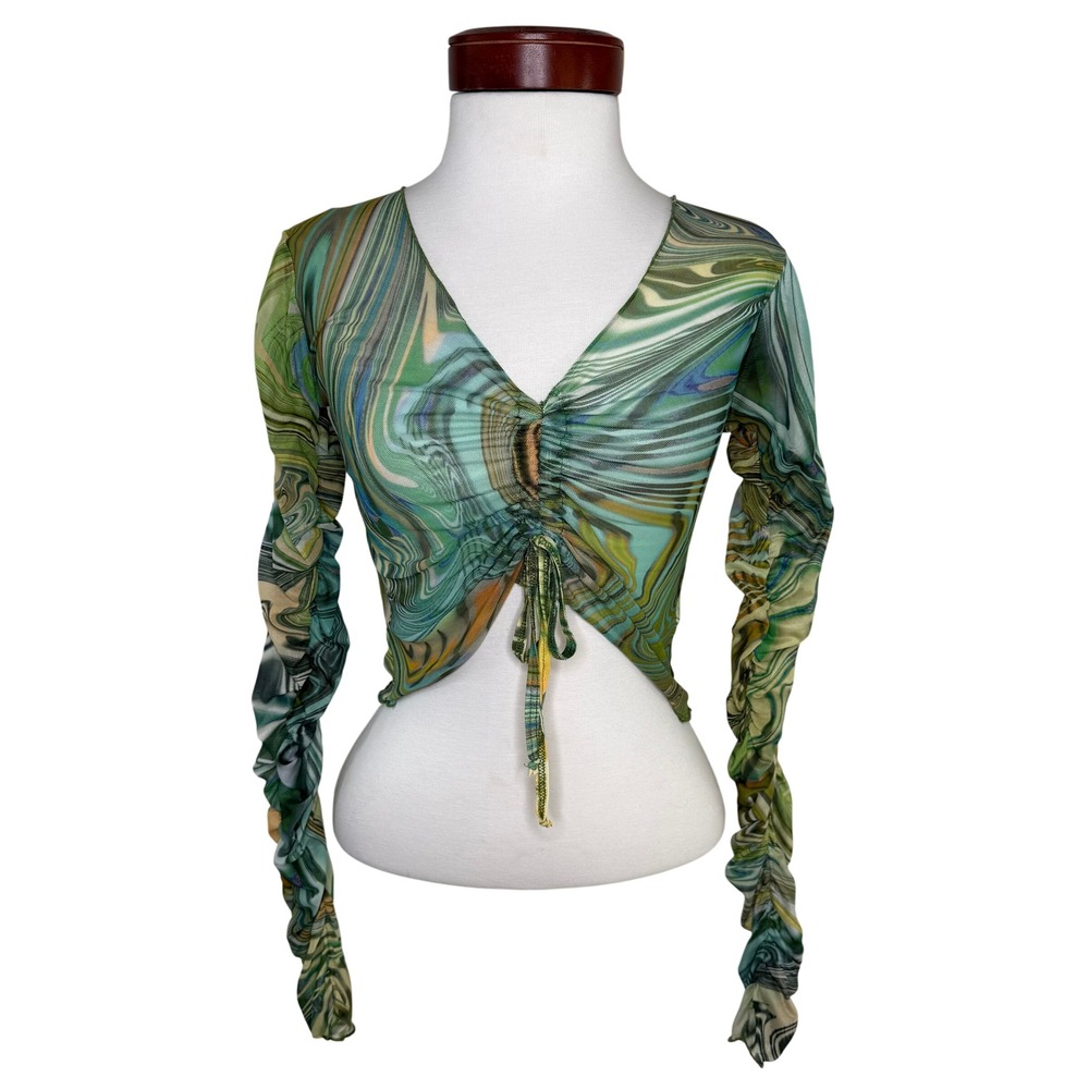 Poster Grl Mesh Swirl Ruched Long Sleeve Crop Top Dolls Kill‎ Y2K Rave E-Girl S